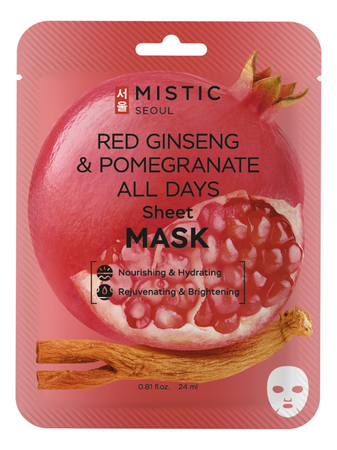 MISTIC Тканевая маска для лица с экстрактами красного женьшеня и граната Red Ginseng & Pomegranate All Days Sheet Mask 24мл