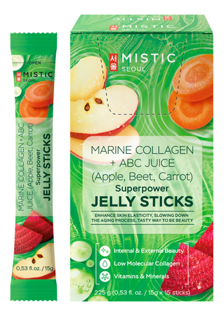 MISTIC Коллагеновое желе со вкусом яблока и с органическим яблочно-морковно-свекольным соком в стиках Marine Collagen + ABC Juice Superpower Jelly Sticks 15*15г
