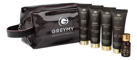 GREYMY Набор для волос Brilliant Shine (шампунь 50мл + кондиционер 50мл + маска совершенствующая 50мл + бриллиантовая маска 50мл + масло 10мл + косметичка)