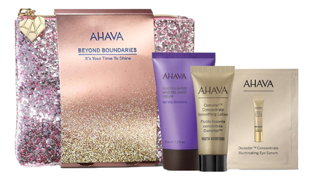 AHAVA Набор Beyond Boundaries It’s Your Time To Shine (крем д/рук Deadsea Water 40мл + лосьон д/лица Osmoter 15мл + концентрат д/глаз Osmoter 2мл + косметичка)