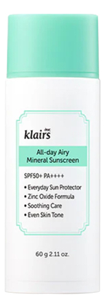 Dear, Klairs Солнцезащитный минеральный крем для лица All-Day Airy Mineral Sunscreen SPF50+ PA++++ 60г