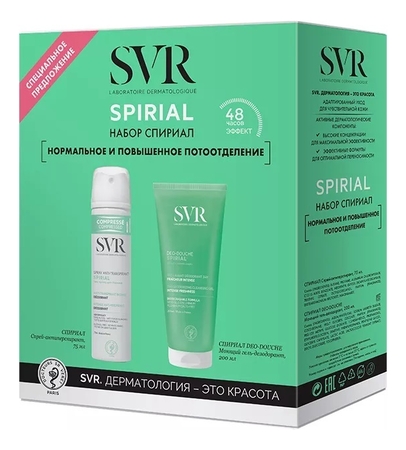 SVR Набор Spirial (спрей-антиперспирант Spray Anti-Transpirant 75мл + моющий гель-дезодорант д/волос и тела Deo-Douche 200мл)