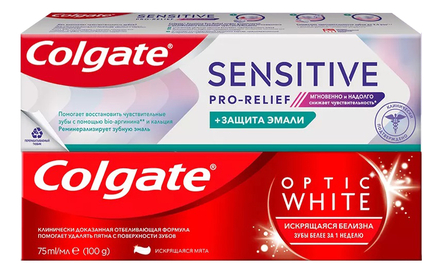 Colgate Набор зубных паст 2*75мл (Защита эмали Sensitive Pro-Relief + Искрящаяся белизна Optic White)