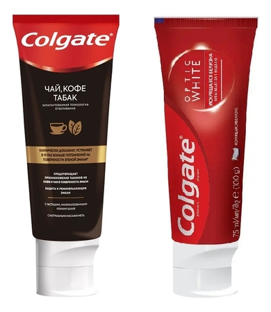 Colgate Набор зубных паст 2*75мл (Чай кофе табак + Искрящаяся белизна Optic White)