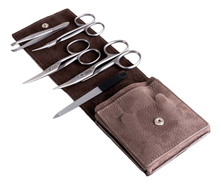 Dovo Маникюрный набор 2051066 (ножницы д/кутикулы + ножницы д/ногтей + большие ножницы д/ногтей + пилка металлическая + пинцет наклонный) серо-коричневый