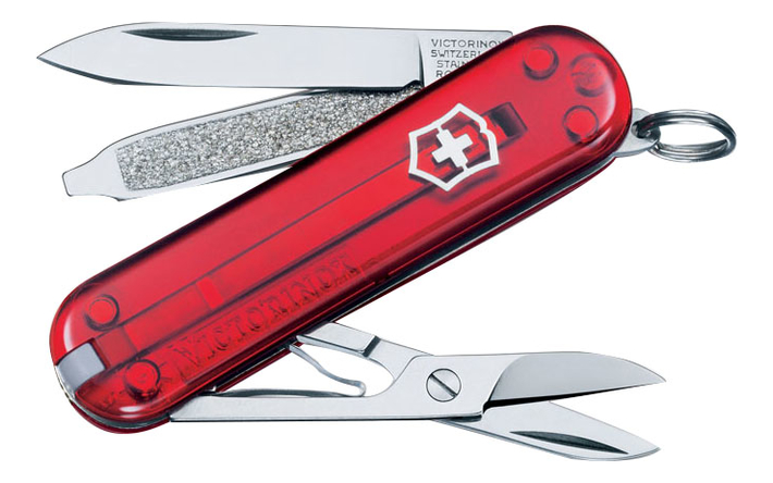 Нож-брелок SD 58мм 7 функций (полупрозрачный красный)