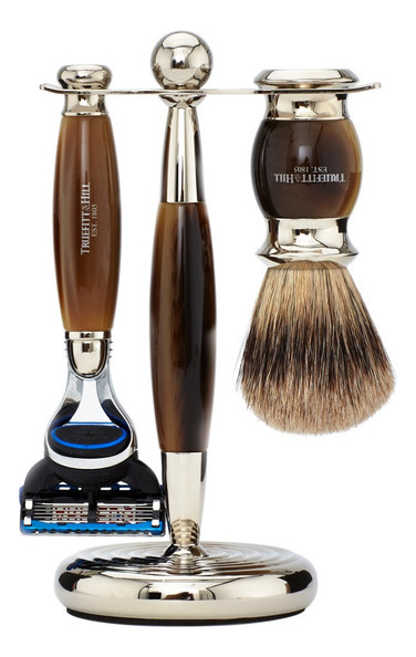 Набор Edwardian Faux Horn: Badger Brush Fusion Razor Stand (кисть для бритья + станок Fusion + подставка) рог станок для бритья faux blue opal fusion wellington голубой опал с хромом